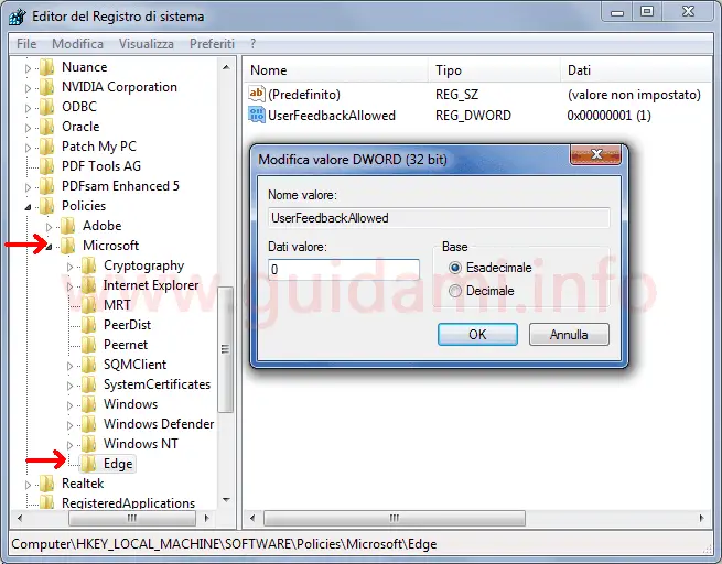 Editor del Registro di sistema Windows 7 chiave Microsoft Edge
