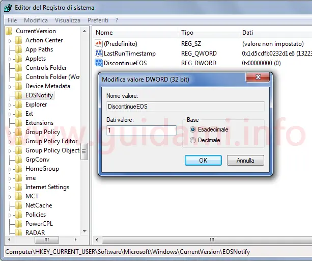Editor del Registro di sistema Windows 7 chiave per disattivare notifica fine supporto di Windows 7