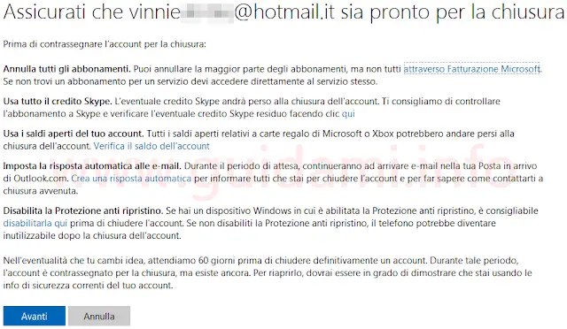 Eliminare account Microsoft assicurati utente pronto per la chiusura