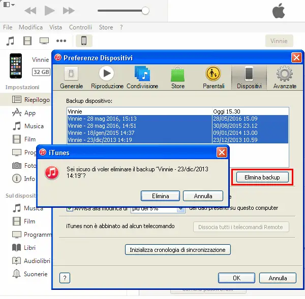 Eliminare backup iTunes da Windows