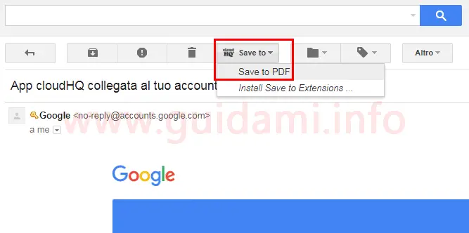 Email Gmail e pulsante Save to per salvare l'email in PDF
