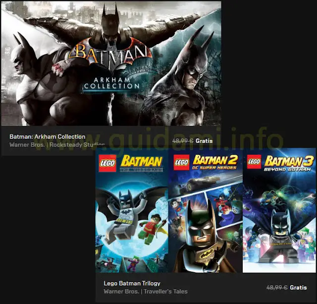 Epic Games Store locandine batman free week Batman Arkham Collection e Lego Batman Trilogy