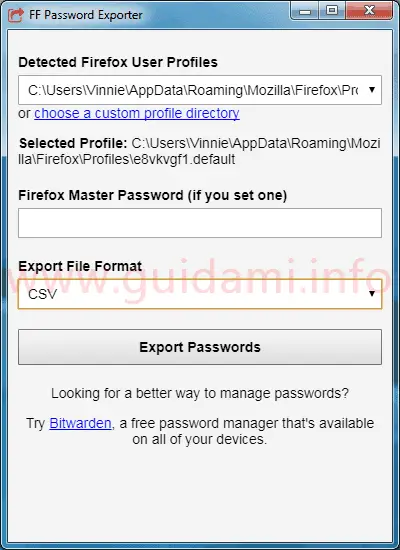 FF Password Exporter interfaccia grafica