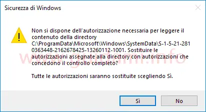 Fiestra notifica Sicurezza di Windows sostituire autorizzazioni