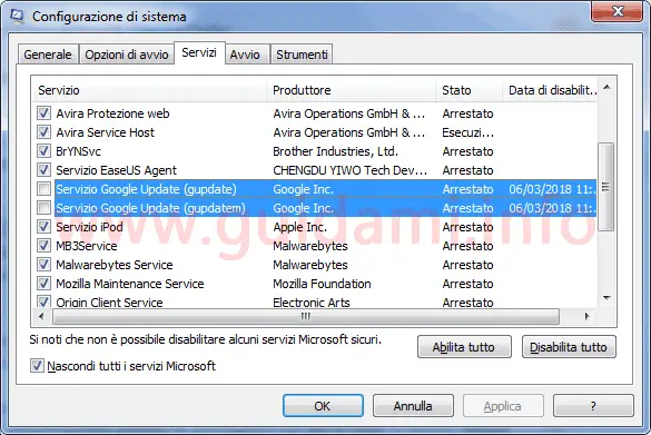 Finestra Configurazione di sistema Windows servizi Google Update