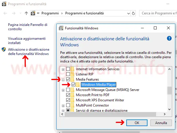 Finestra Funzionalità di Windows installare Windows Media Player