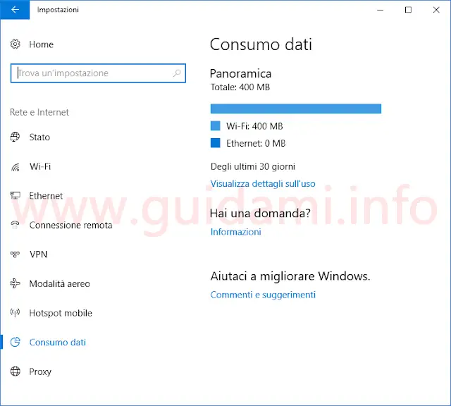 Finestra Impostazioni Consumo dati Windows 10