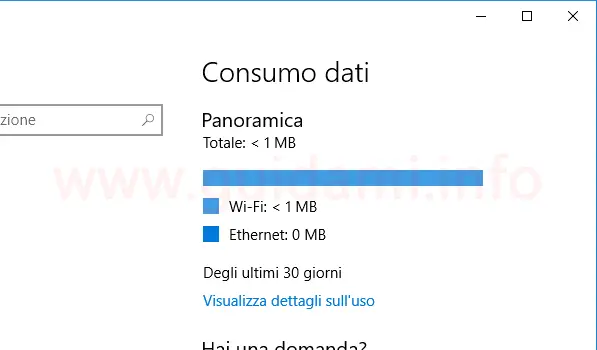 Finestra Impostazioni Consumo dati Windows 10 con dati azzerati