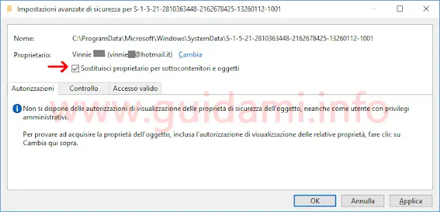 Finestra Impostazioni avanzate di sicurezza Windows sostituisci proprietario