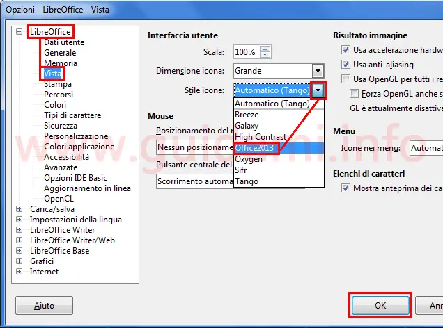 Finestra Opzioni LibreOffice cambiare Stile icone