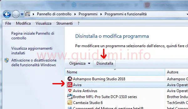 Finestra Programmi e funzionalità del Pannello di controllo Windows
