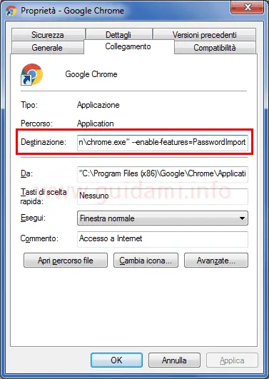 Windows Finestra Proprietà - Google Chrome campo Destinazione modificato