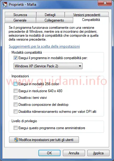 Finestra Proprietà icona avvio gioco scheda Compatibilità in Windows 7