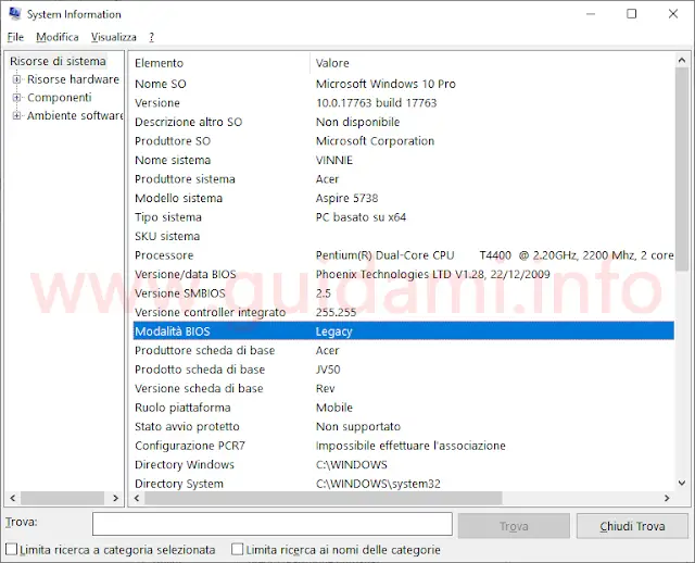 Finestra System Information PC Windows