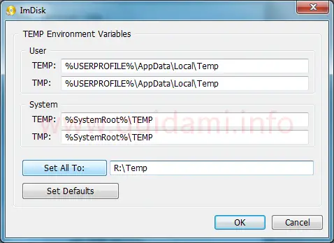 Finestra TEMP Enviroment Variables del programma ImDisk per PC Windows