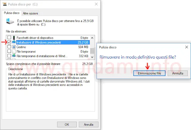 Finestra Windows 10 Pulizia disco per C eliminare Installazioni Windows precedenti