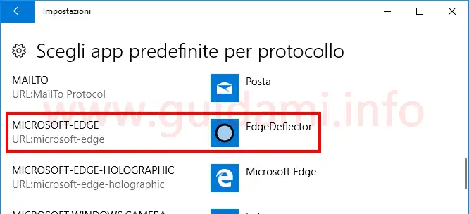 Finestra Windows 10 impostazioni Scegli app predefinita per protocollo