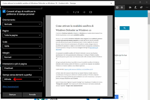 Finestra anteprima di stampa pagina web Microsoft Edge funzione Stampa senza elementi superflui