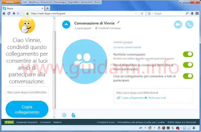 Finestra chat Skype sul browser senza registrazione
