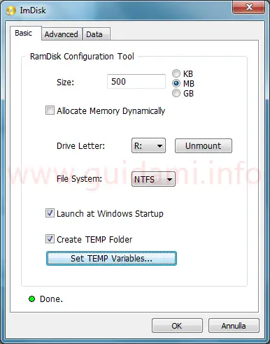 Finestra del programma ImDisk dello strumento RamDisk Configuration per PC Windows