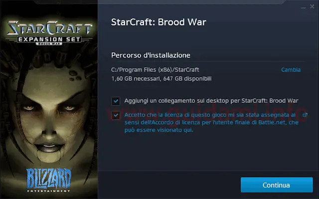 Finestra download di StartCraft con Espansione Brood War inclusa