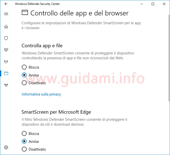 Finestra gestione filtro SmartScreen da Windows Defender in Windows 10