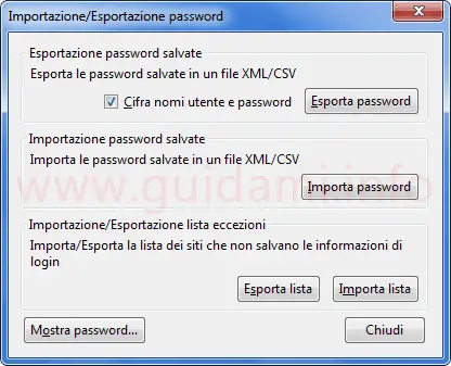 Finestra importazione-esportazione password addon Password Exporter Firefox