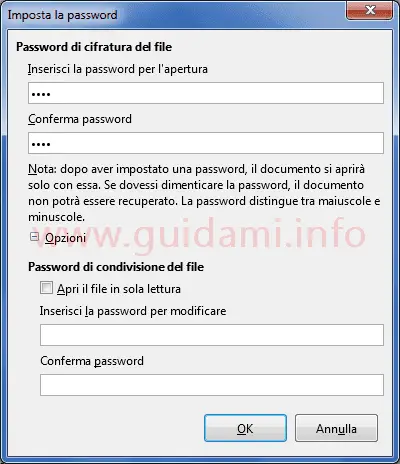 LibreOffice Finestra imposta password di protezione del documento