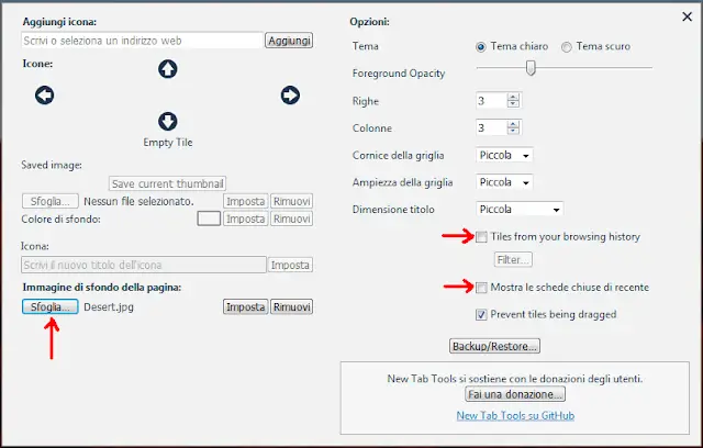 Finestra impostazioni estensione Firefox New Tab Tools