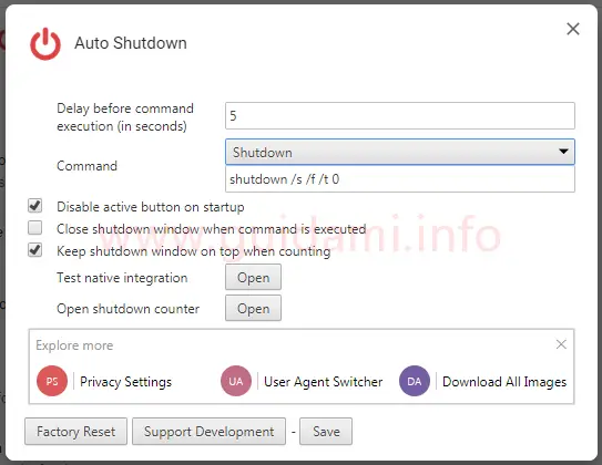 Finestra opzioni estensione Auto Shutdown per Chrome