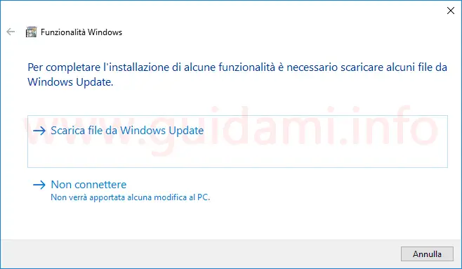 Finestra per installare NET Framework 3.5 da Windows Update
