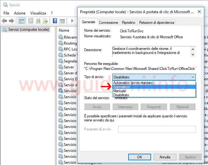 Finestra proprietà servizio Assistente accesso all'account Microsoft Office
