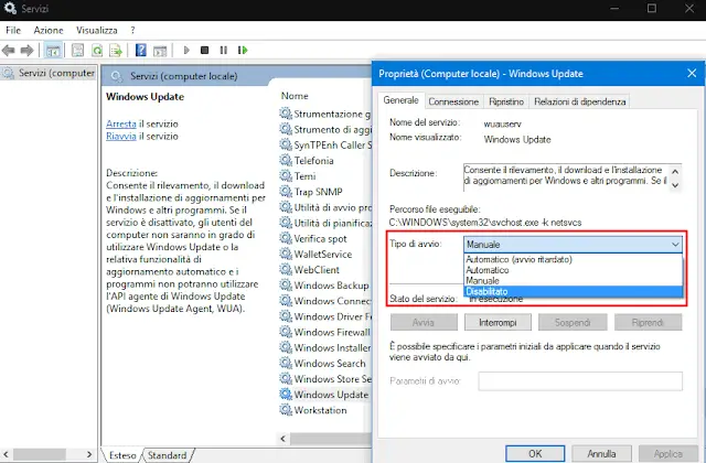 Finestra servizi Windows 10 disattivare Windows Update