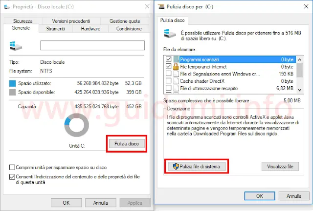 Finestre Windows 10 Proprietà Disco locale C e Pulizia disco per C