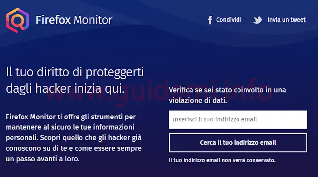 Firefox Monitor inserisci indirizzo email da verificare