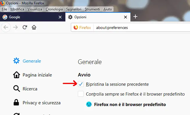 Firefox Opzioni Generali Ripristina sessione precedente