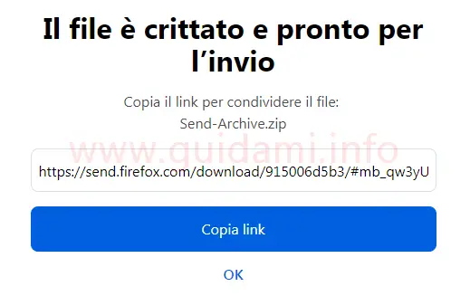 Firefox Send link di condivisione file caricati