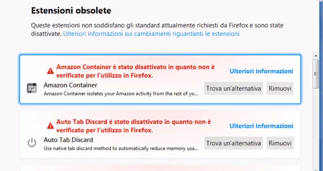 Firefox schermata estensioni segnalate come obsolete