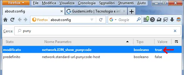 Firefox finestra about config parametro show punycode