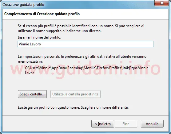 Firefox finestra creazione guidata nuovo profilo utente