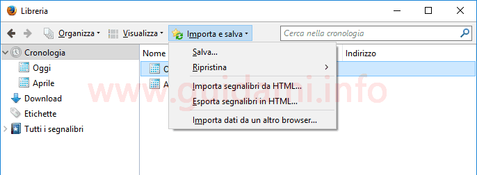 Firefox finestra libreria con menu opzioni importa esporta segnalibri