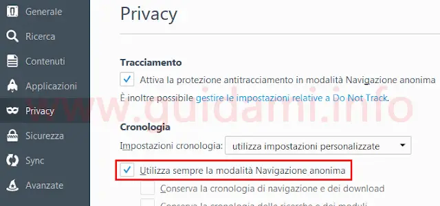 Firefox finestra opzioni Privacy