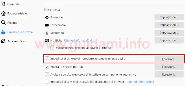 Impostazioni Permessi Firefox 66.0 impostazione Impedisci ai siti web di riprodurre automaticamente audio