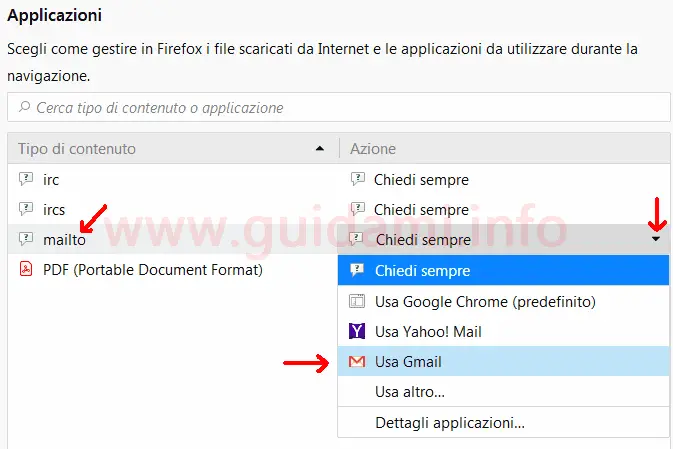 Firefox impostazioni Applicazioni contenuto mailto