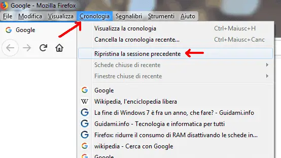 Firefox menu contestuale Cronologia opzione Ripristina sessione