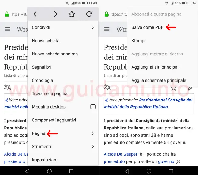 Firefox mobile come salvare articolo Wikipedia in PDF