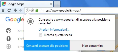Firefox notifica richiesta accesso alla posizione geografica