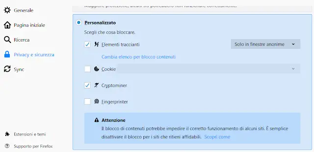 Firefox opzioni privacy e sicurezza blocco dei contenuti cryptominer
