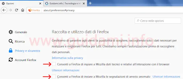 Firefox opzioni raccolta e utilizzo dati