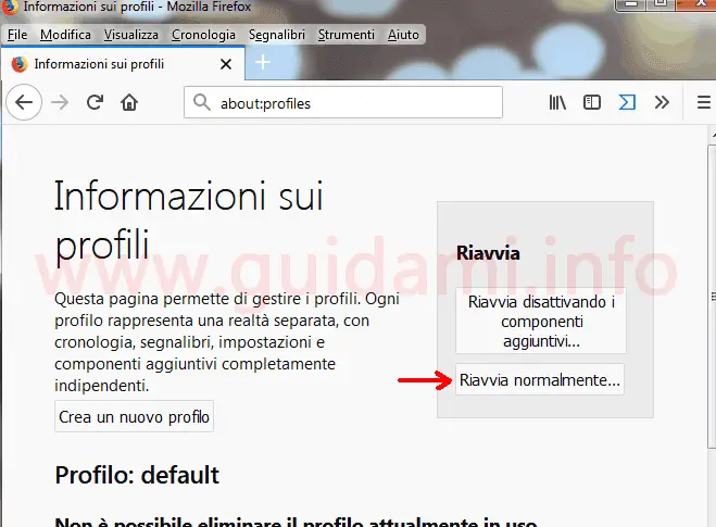 Firefox pagina Info sui profili pulsante Riavvia normalmente